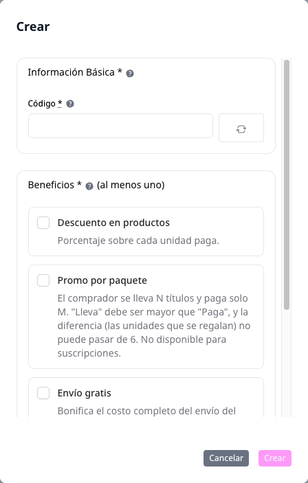 Ventana de creación de cupón con los beneficios