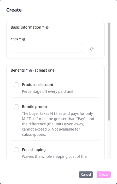 Coupon creation window with the benefits